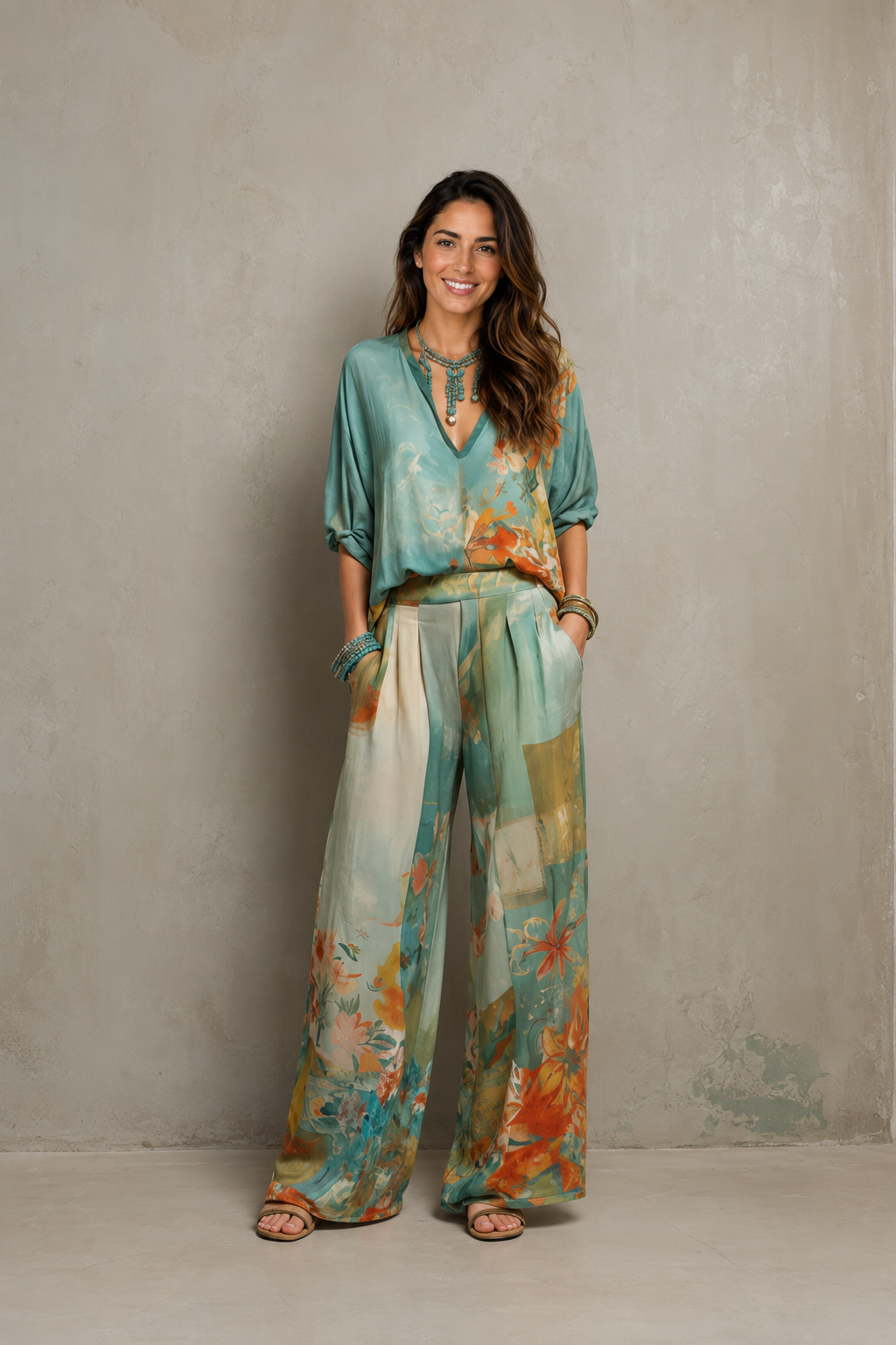 Selénia™ | Conjunto elegante floral de pantalón ancho