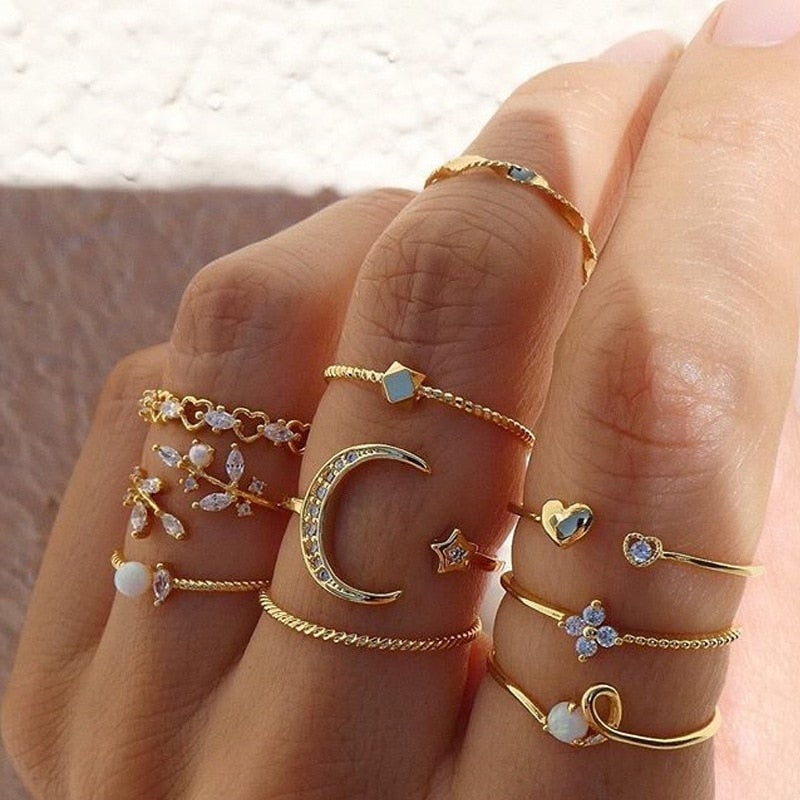 Juego de 10 anillos bohemios en plata y oro